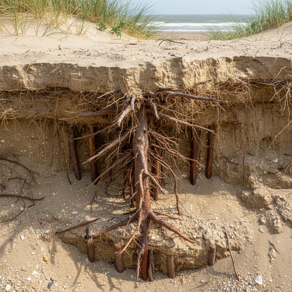 Healthy tropical plant roots with mycorrhizal colonization, dense root network showing root rot prevention and healthy development