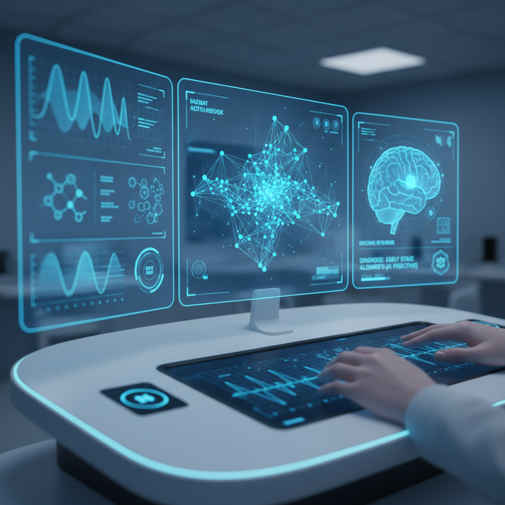 Futuristic holographic data interface with glowing blue neural network visualization