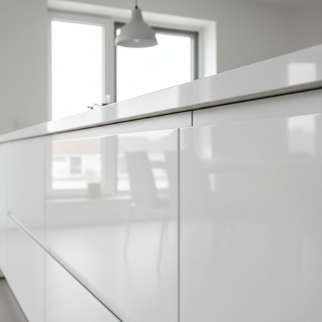 Glossy white kitchen with island, pendant lights and high gloss cabinets