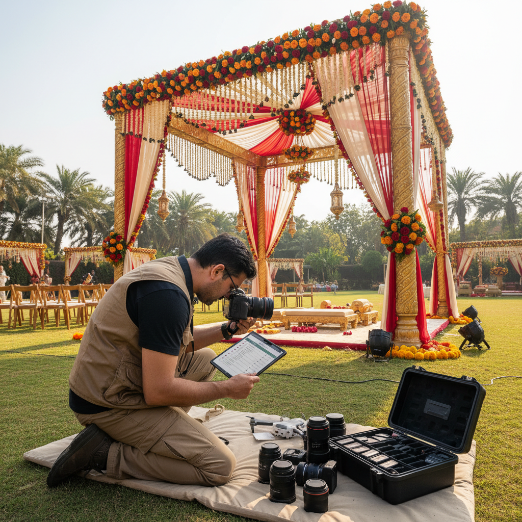 Sophie Laurent — wedding photographer with camera at outdoor venue