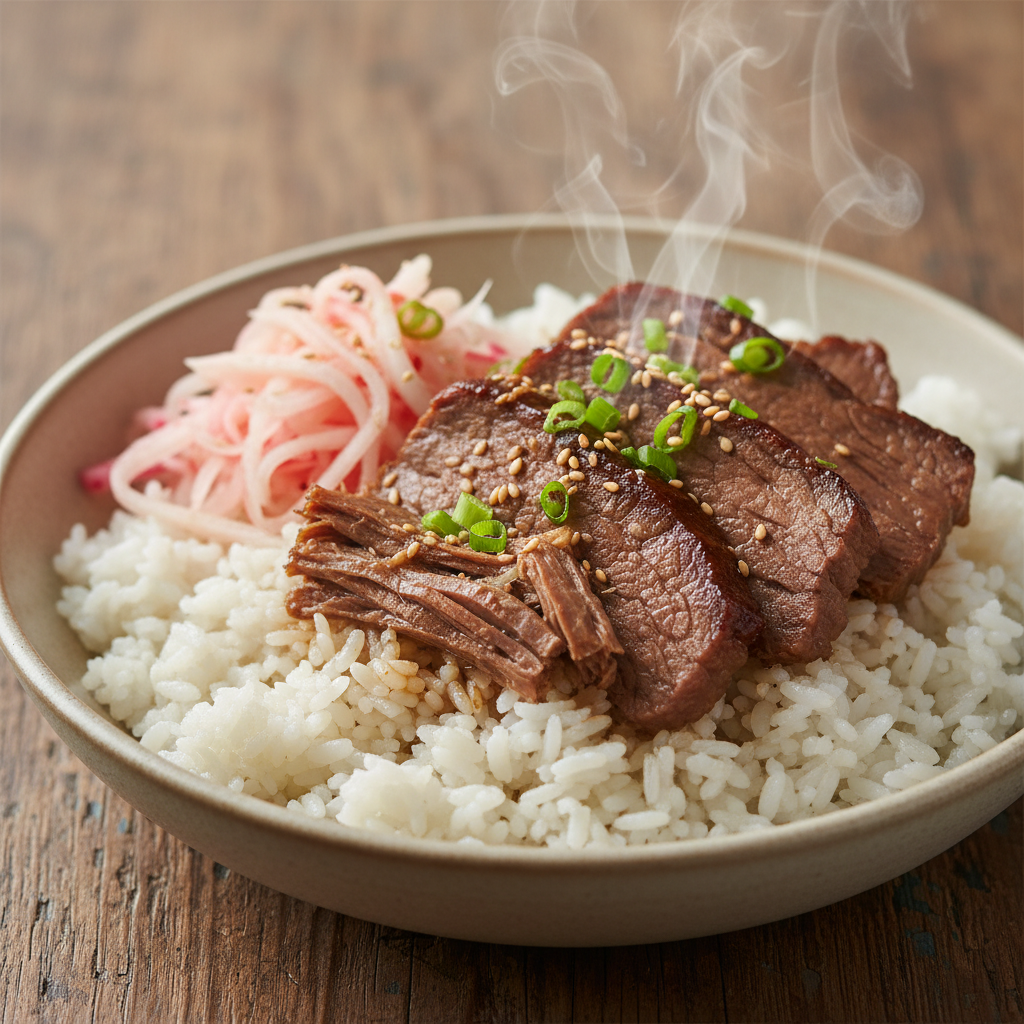 Short-grain rice bowl with slow-braised beef and quick-pickled daikon, steam still visible