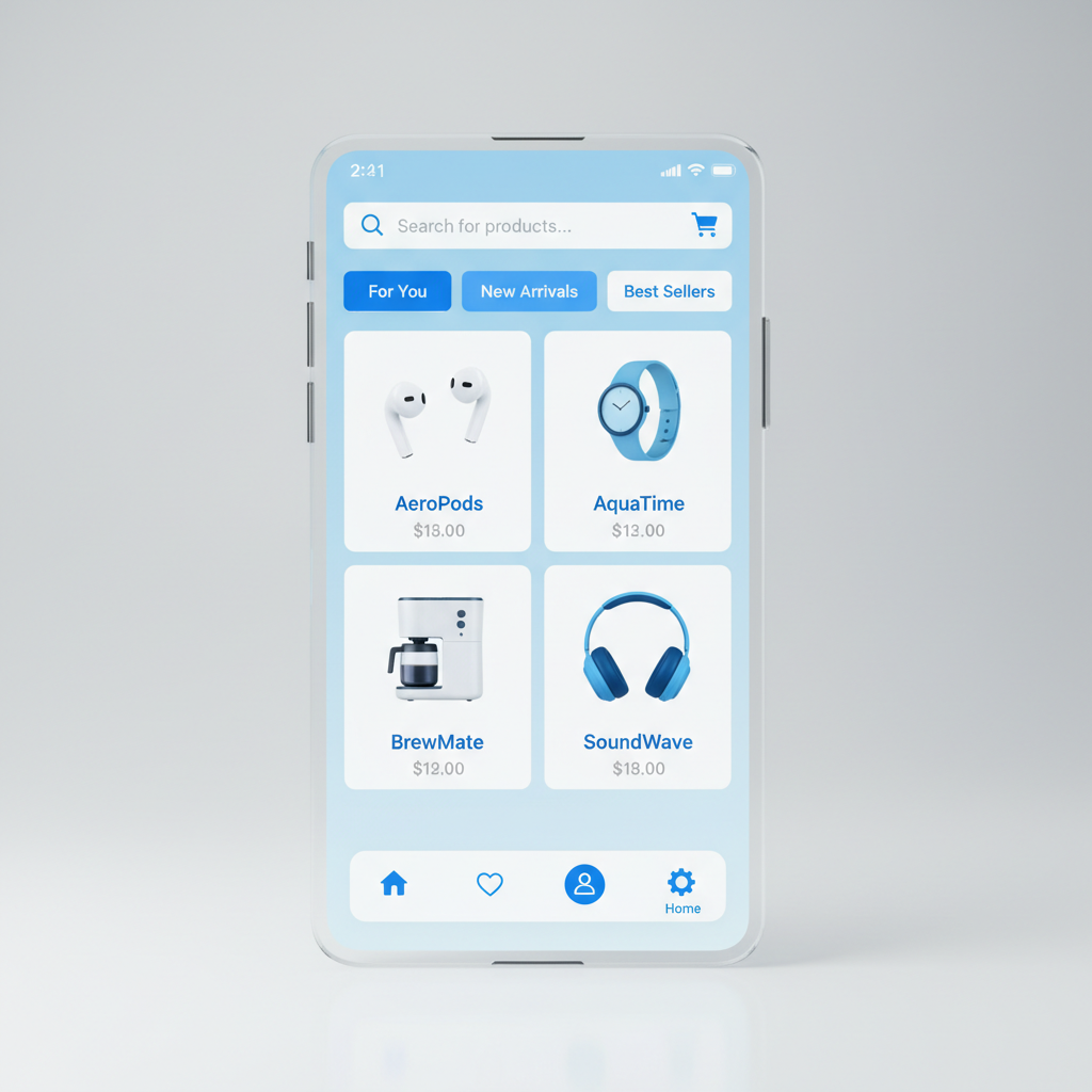Shopping en ligne sur smartphone avec interface d'achat moderne, fond clair élégant