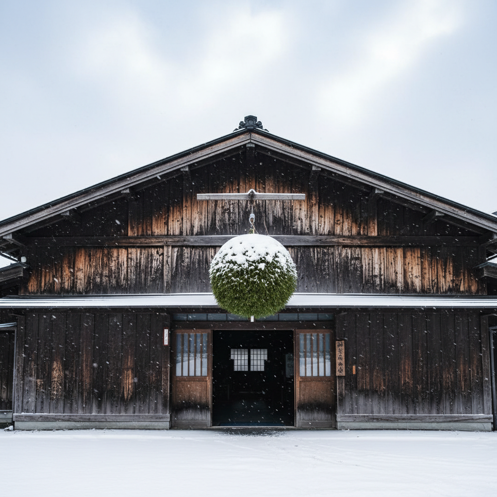 Snow-dusted traditional brewery entrance with a sugidama cedar ball hanging overhead under grey winter sky
