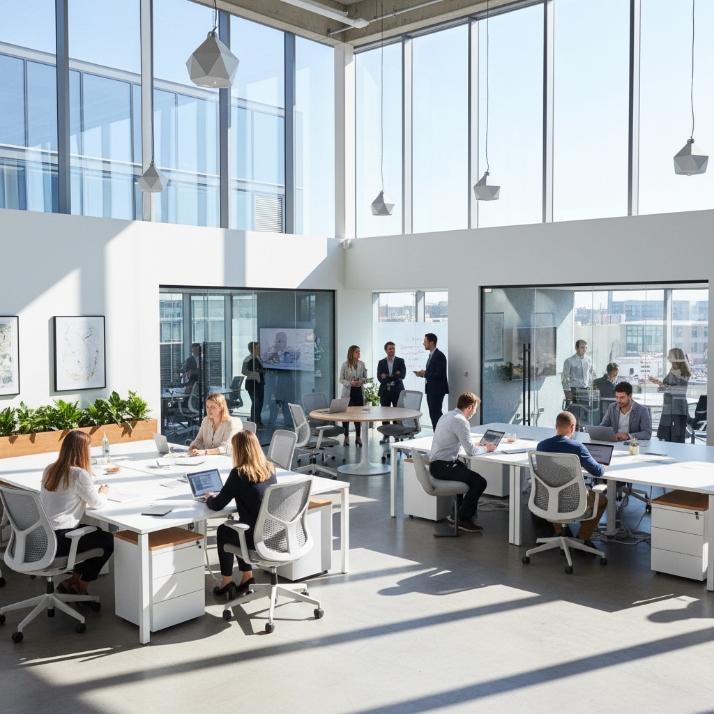 Modern open-plan office interior, collaborative workspace, professional team meeting, London corporate environment