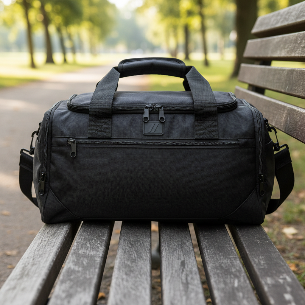 Compact black gym carry bag on park bench