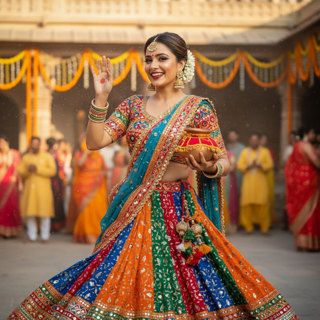 Vibrant orange bandhani chaniya choli for Navratri garba