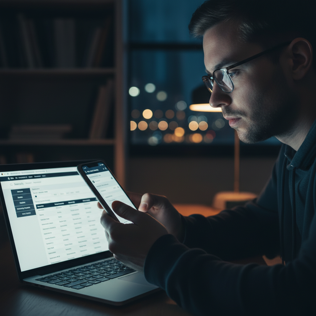 Person using smartphone at night researching car lease options with laptop open beside them