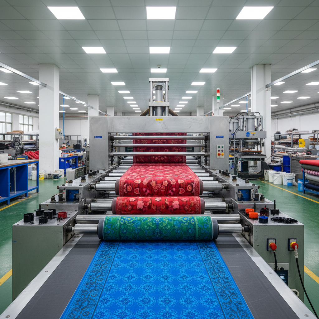 Colorful fabric rolls in a textile manufacturing facility with warm industrial lighting