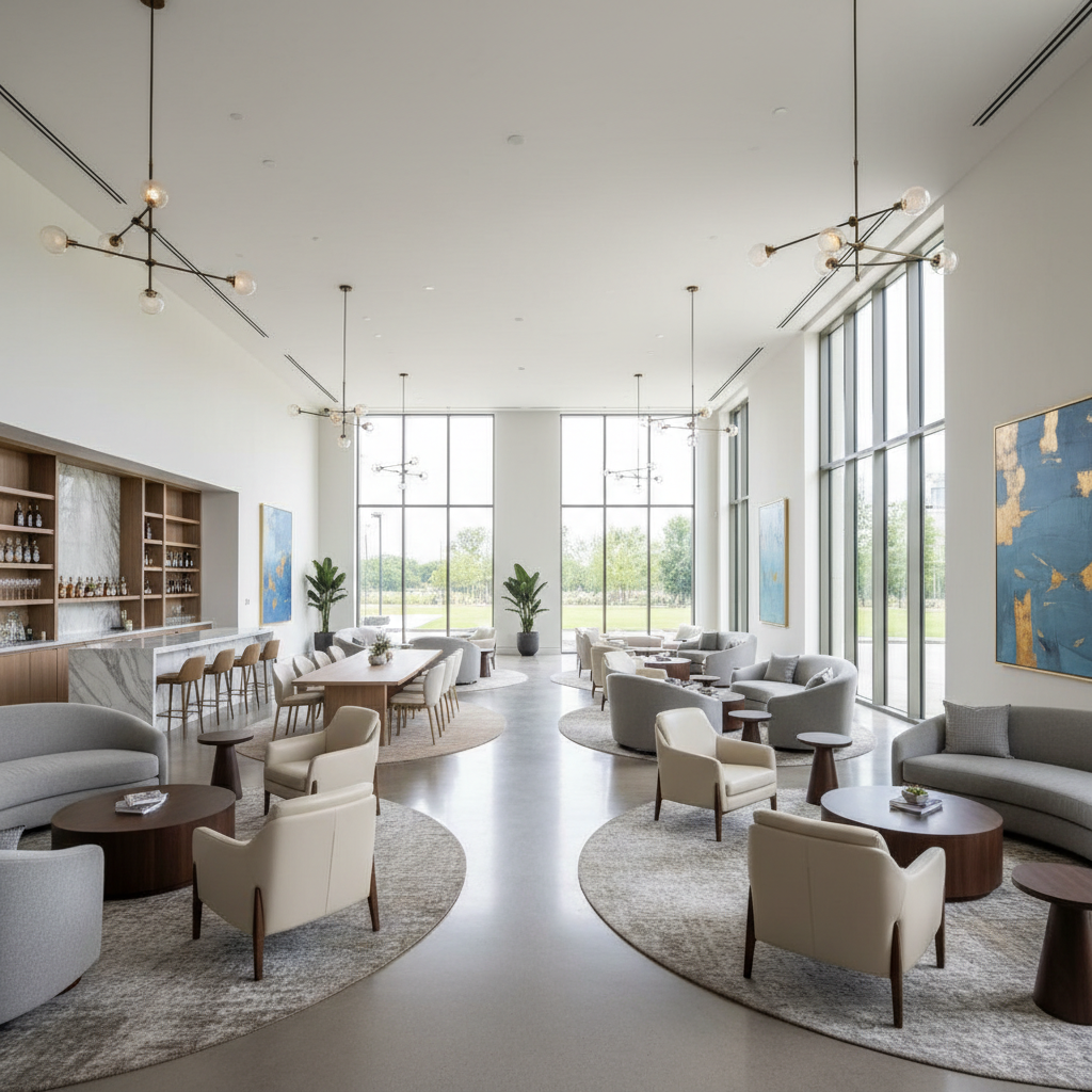 Elegant clubhouse interior with luxury furnishings and ambient lighting