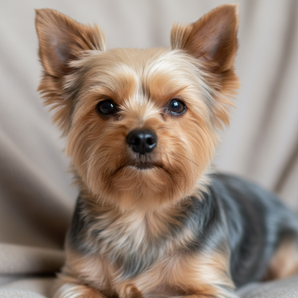 Small Yorkshire Terrier with silky tan coat
