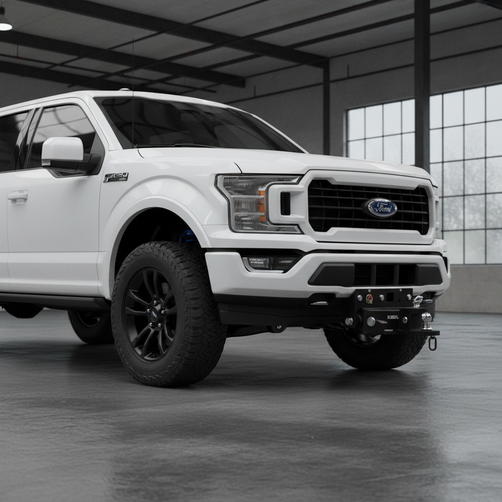White Ford F-250 Super Duty pickup truck on a clean surface, bright studio lighting, white background