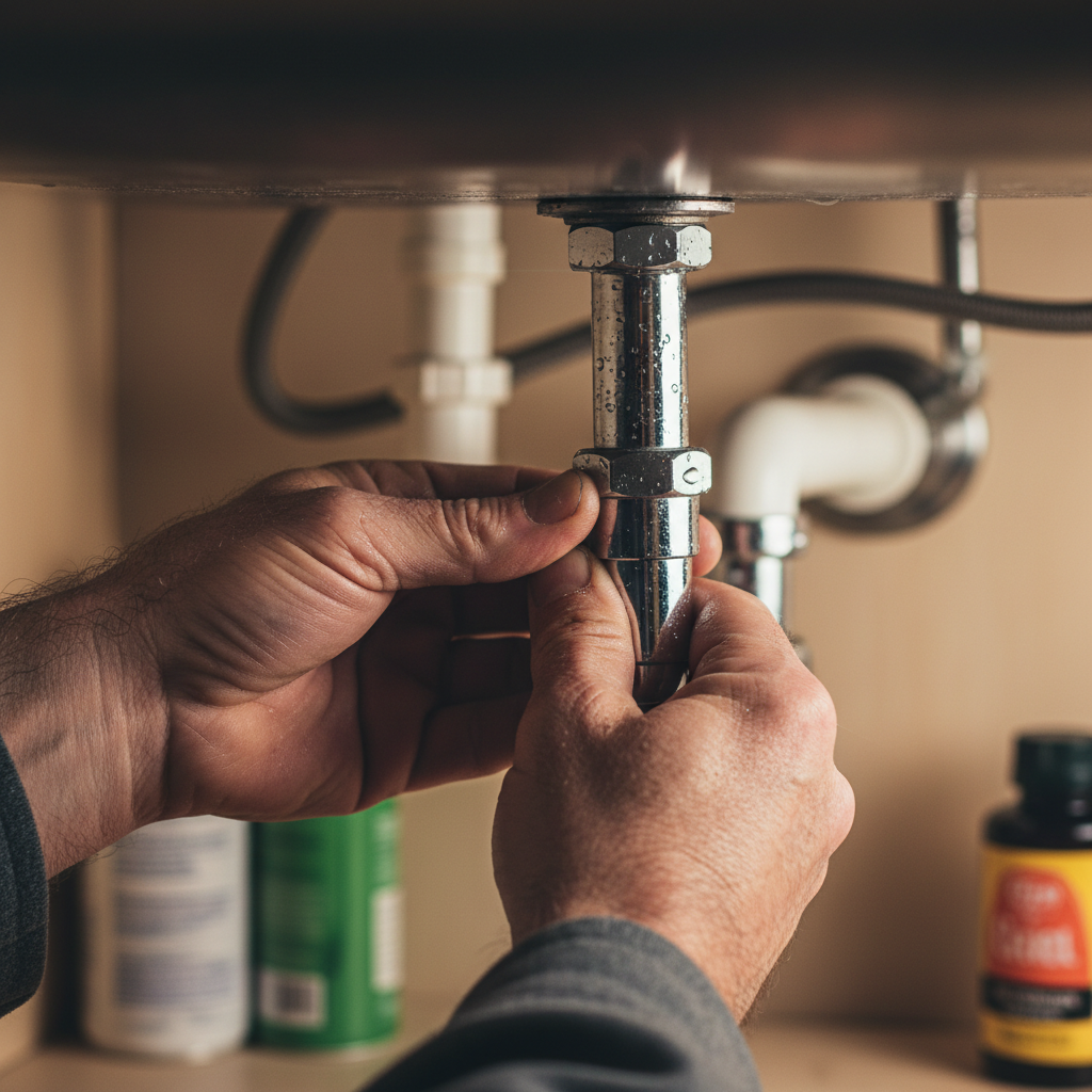 Calloused hands reconnecting a chrome water supply line beneath a kitchen sink, warm overhead light, shallow depth of field
