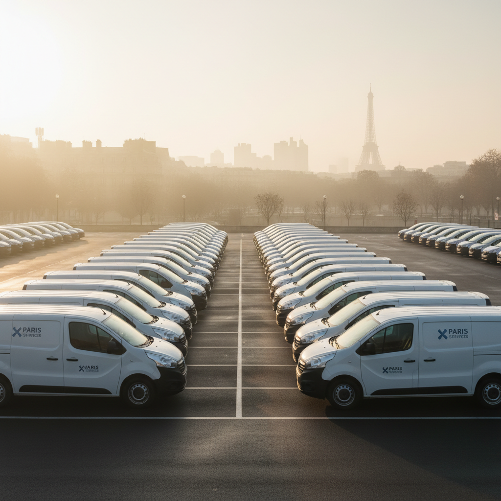 Portail service van fleet lined up at dawn in Paris parking lot ready for dispatch