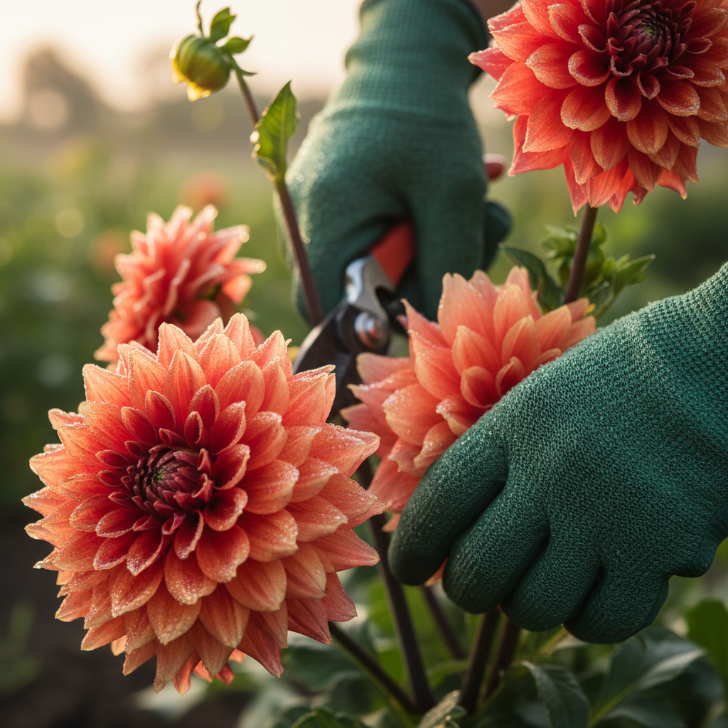 Gloved hands cutting dahlia stems low at the base in early morning light with dew still on the petals