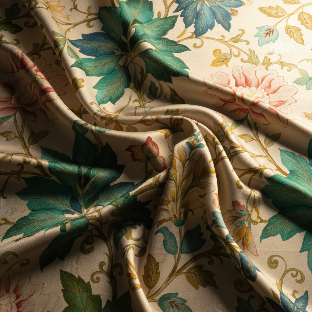 Draped silk fabric with hand-painted botanical repeat pattern, folds catching warm studio light
