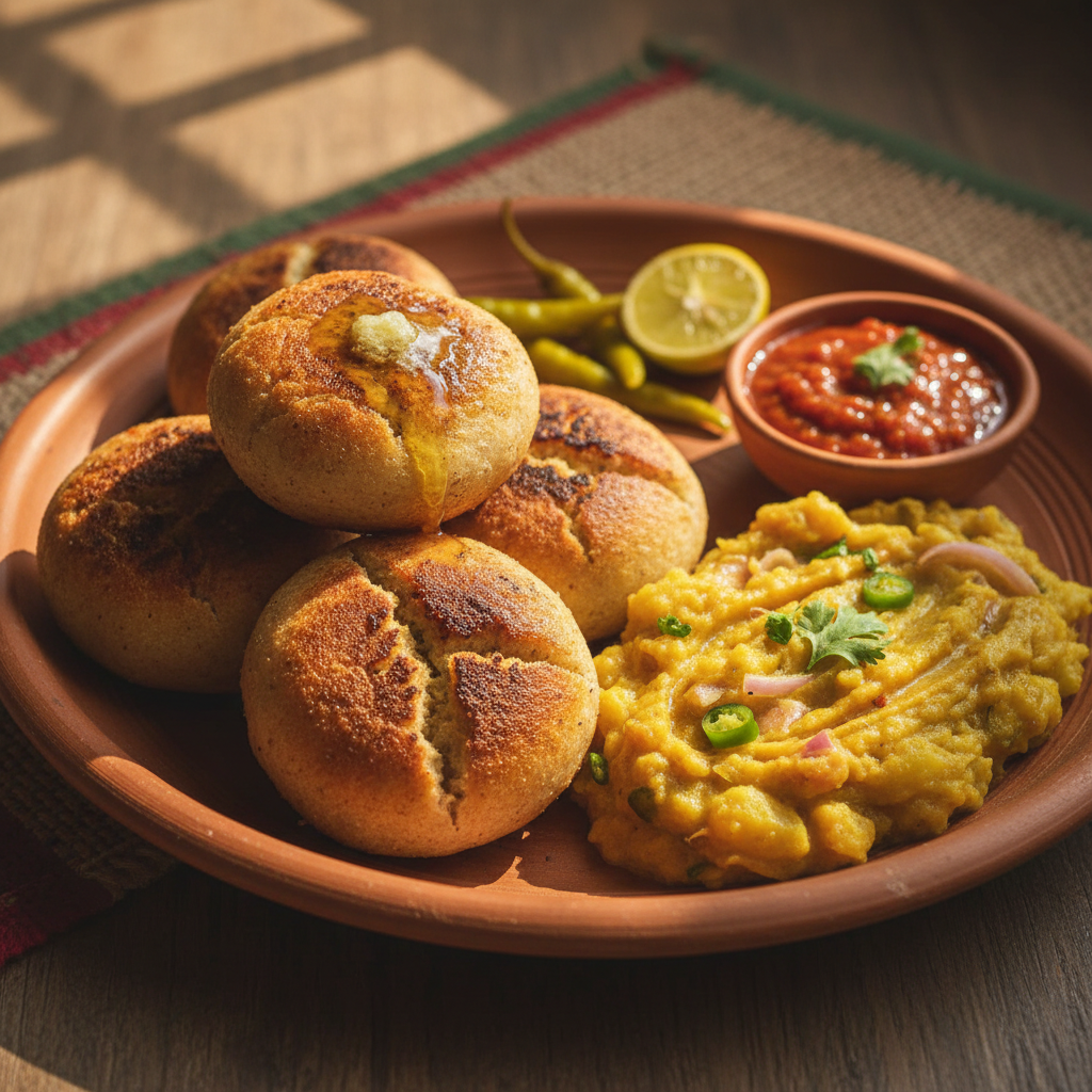 Baati chokha Bihari meal with round wheat balls, roasted eggplant mash, bright food photography on traditional plate