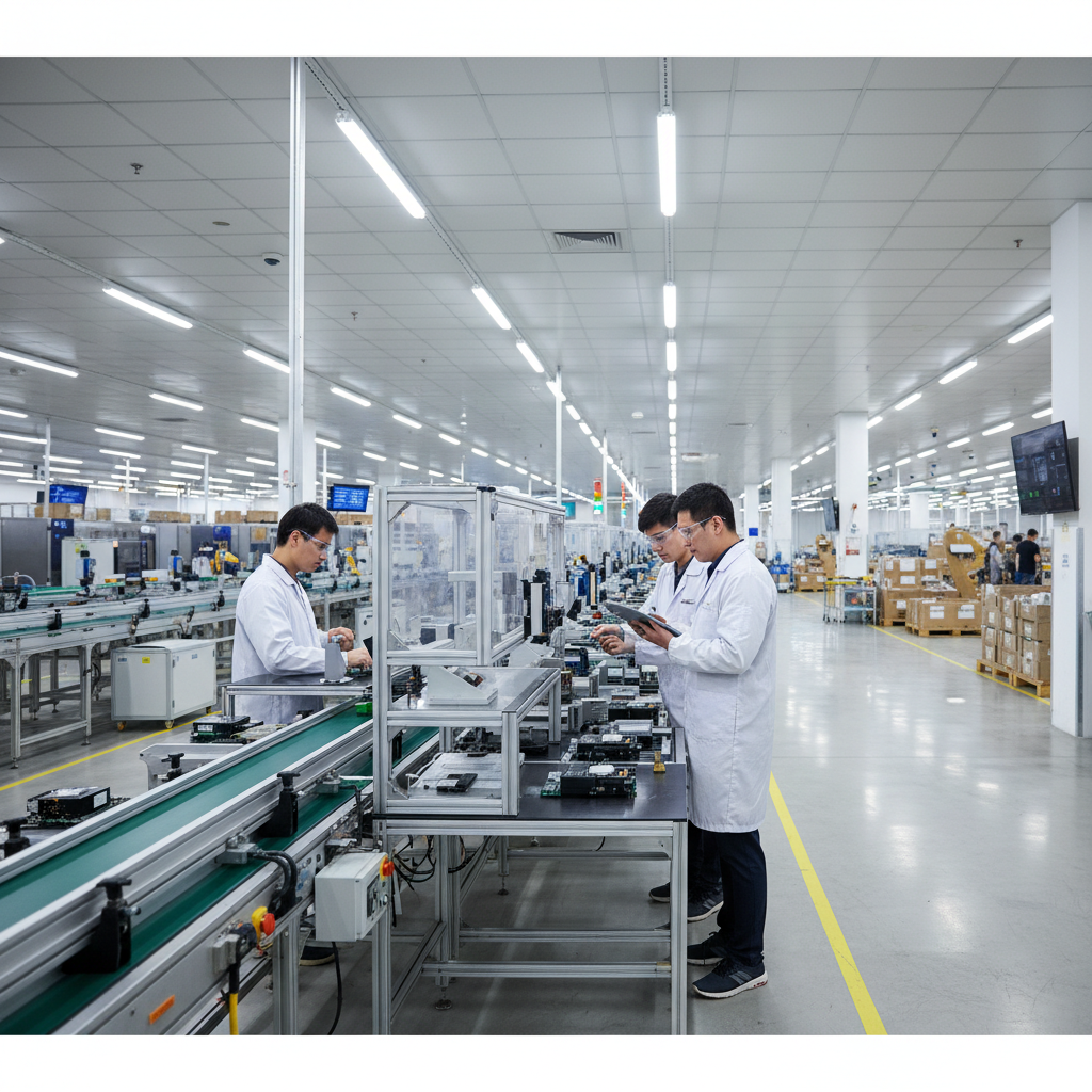 Electronics manufacturing facility with automated PCB assembly line and quality inspection stations