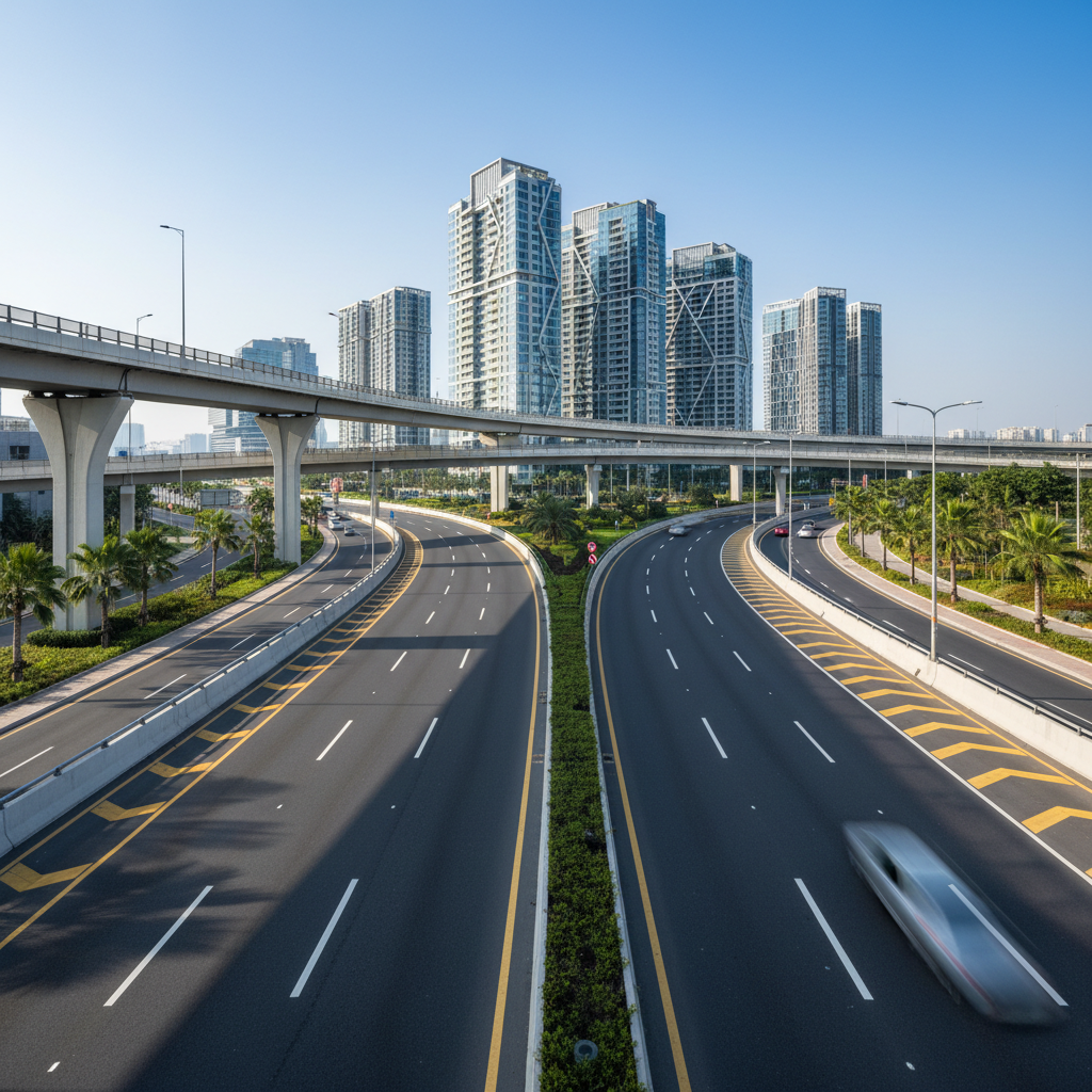Highway noise barrier wall along urban expressway, bright daytime, modern infrastructure, open sky