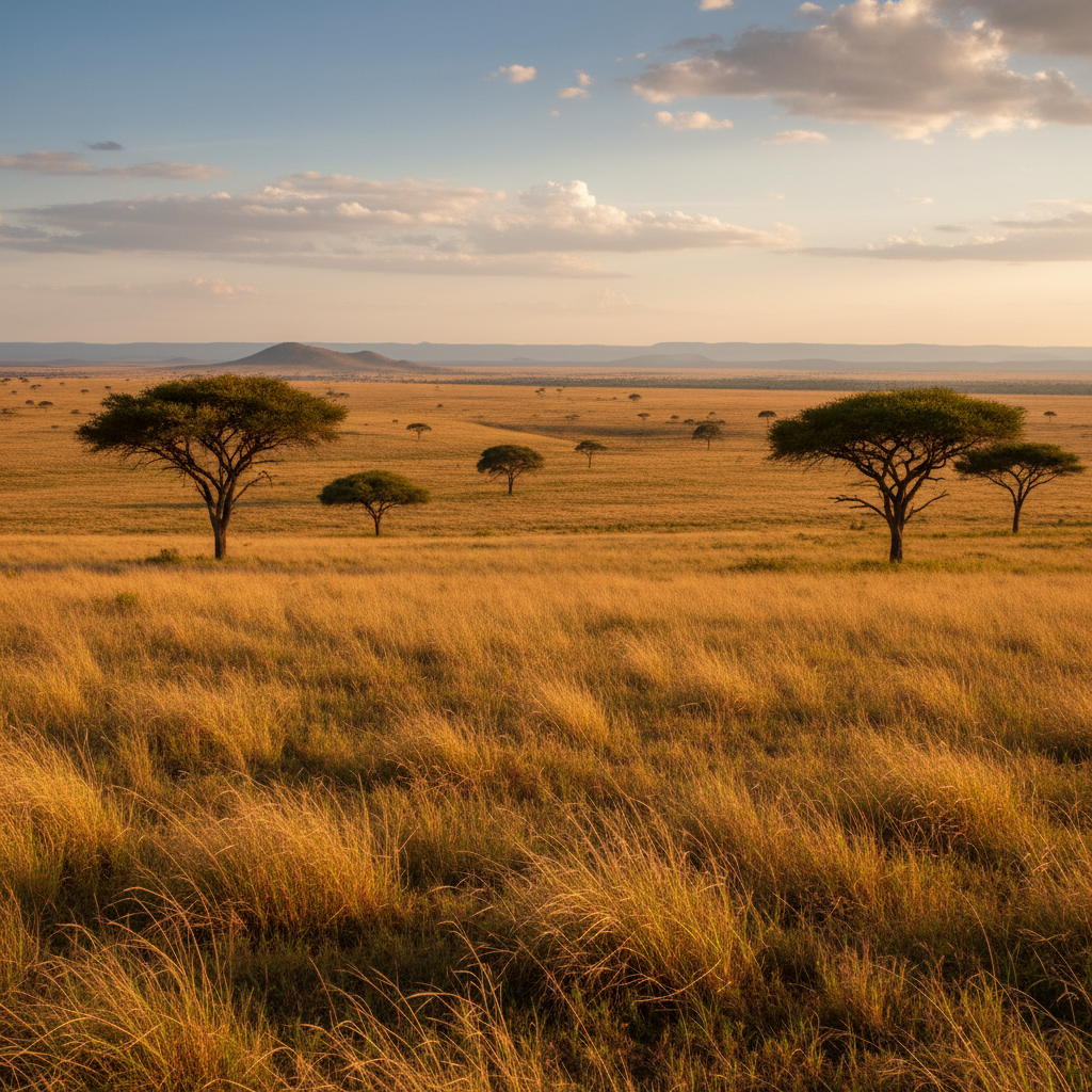Wide Sahelian acacia woodland at golden hour, sparse trees on ochre earth, vast open sky, warm amber light, Abyei region landscape