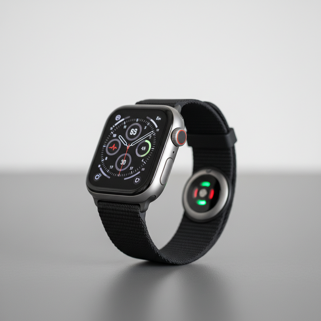 Smart fitness band on wrist with health metrics display on dark background