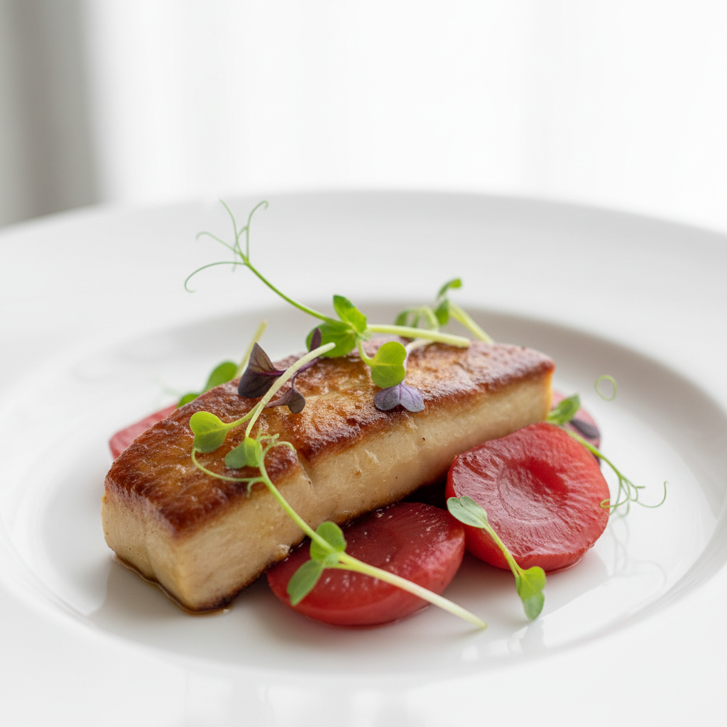 Plated foie gras with pickled ume plum and microgreens on white plate in fine dining setting