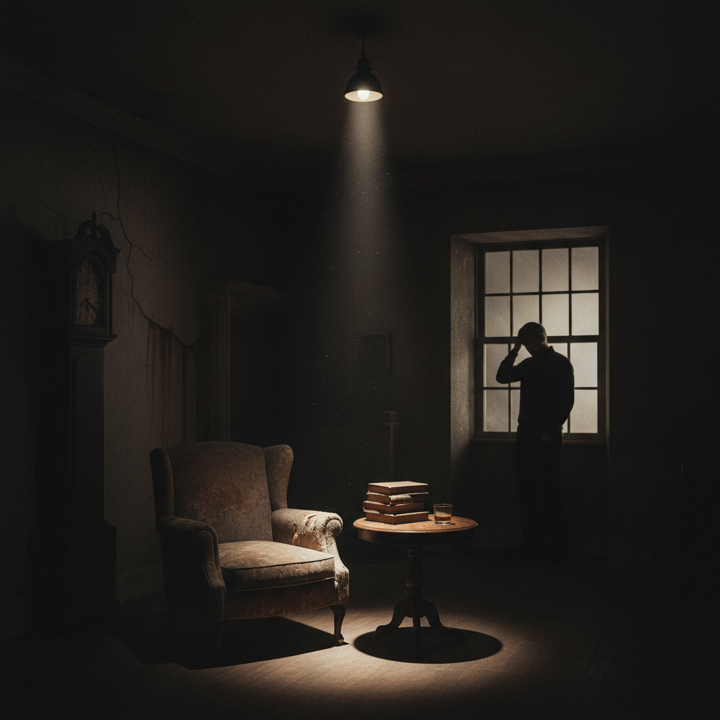 Empty dark room with single window casting dim light, shadows dominate, quiet solitude atmosphere, moody and still