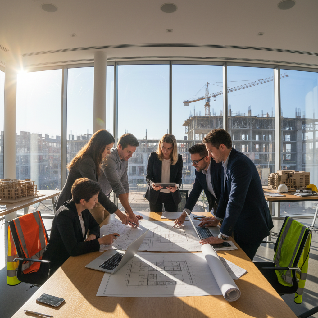 Construction quality inspection checklist with engineer reviewing building plans and structural elements