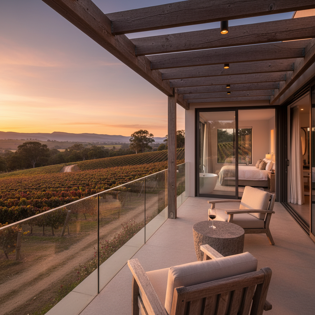 Elegant boutique hotel suite with warm amber lighting, linen drapery, vineyard views through floor-to-ceiling windows at golden hour