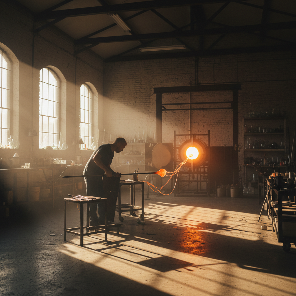 Remi Okonkwo blowing molten glass at the furnace in a dimly lit glass studio
