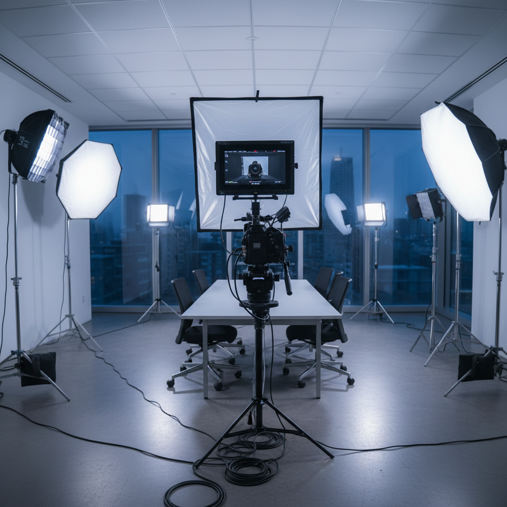 Professional video production setup in a corporate studio with ring light, camera on tripod, and interviewer chair, clean modern studio environment