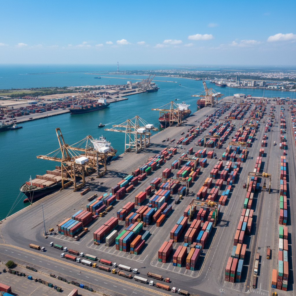 Aerial view of busy international cargo port with colorful shipping containers, cranes, and cargo vessels in clear daylight