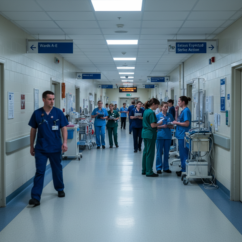 Équipe médicale dans un couloir d'hôpital sombre avec un éclairage ambiant bleu dramatique et des ombres profondes