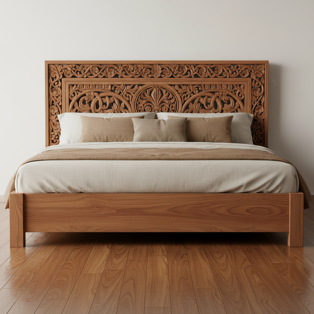 Sheesham Wood Bed (King) — Solid sheesham wood king-size bed with intricate hand-carved
