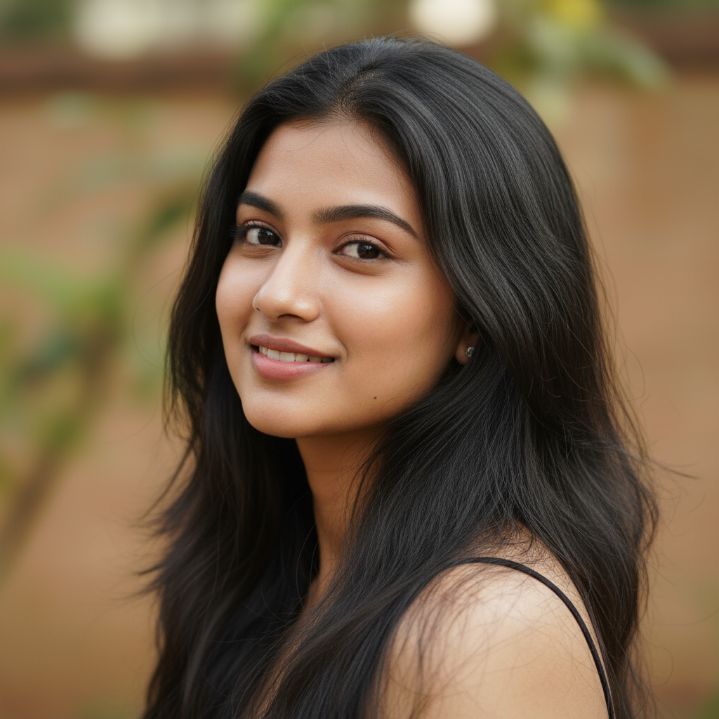 Bangladeshi woman smiling, warm indoor lighting, portrait photography