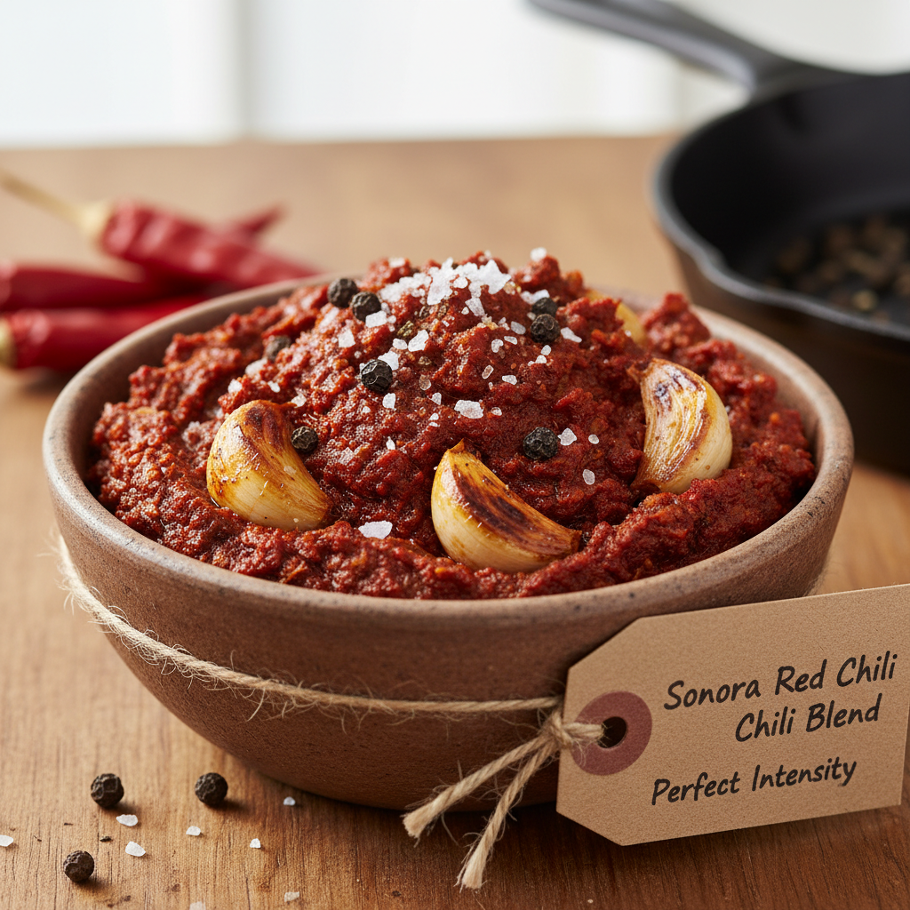 Red and white salt chilli blend in a small pinch bowl on a wooden table