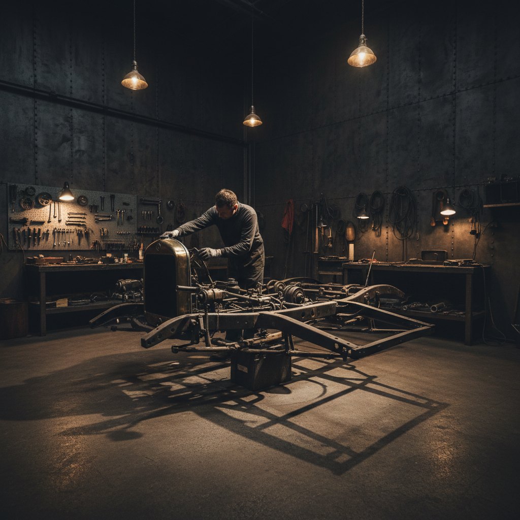 Sports car being detailed, dark workshop environment, moody cinematic lighting, deep shadows on bodywork