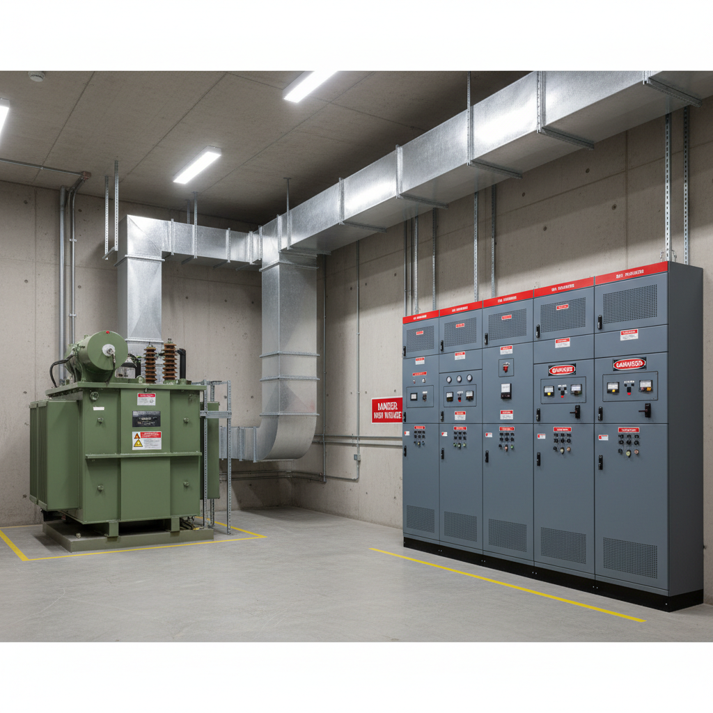 Industrial bus duct system installed in electrical room connecting transformer to main switchboard