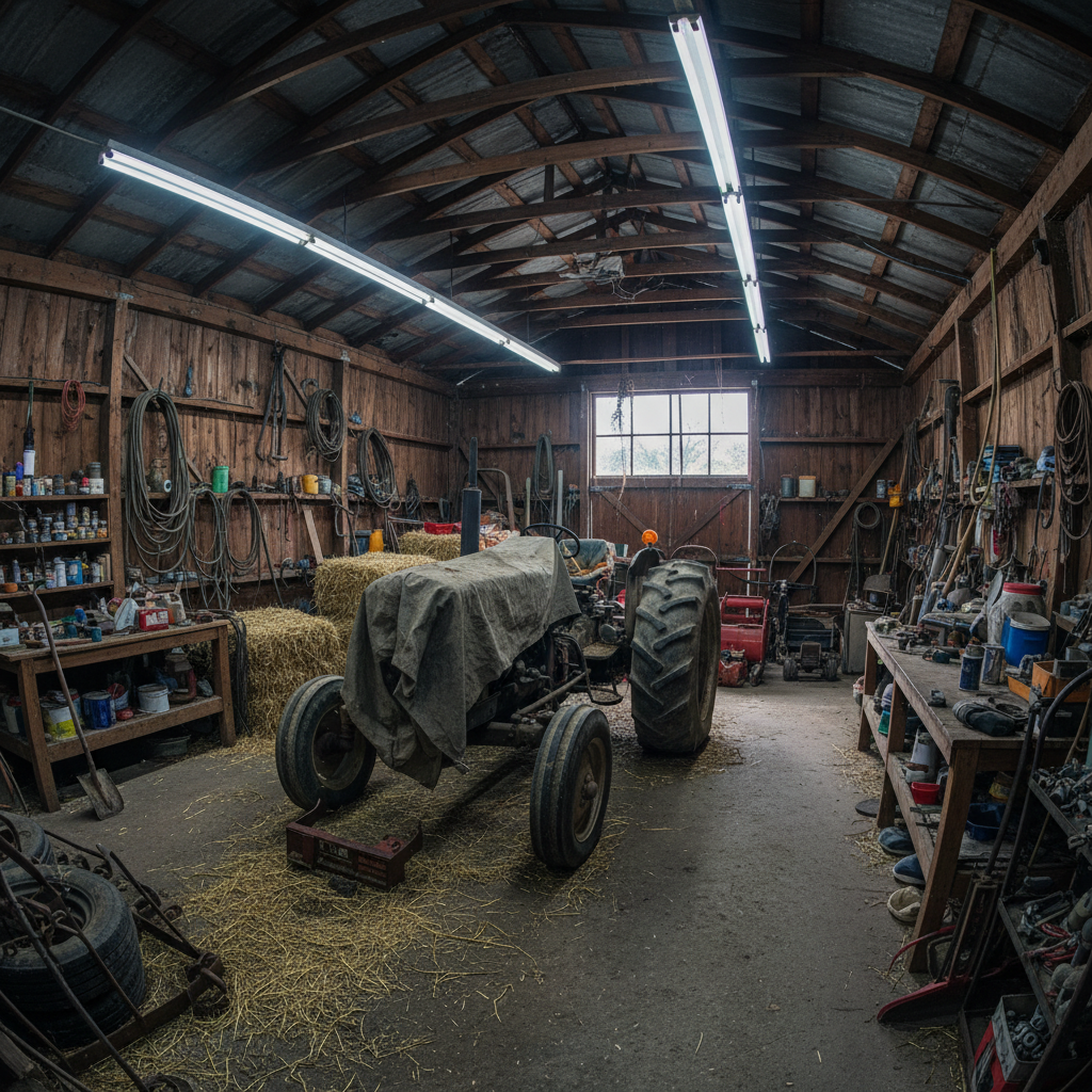 Cluttered ranch barn interior with fluorescent lighting and equipment