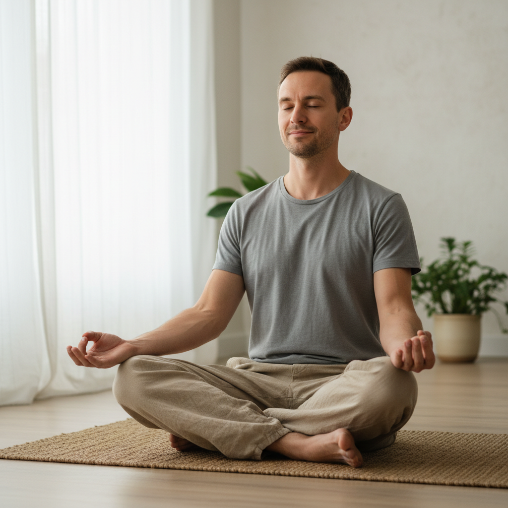 Person sitting upright meditating in bright airy room