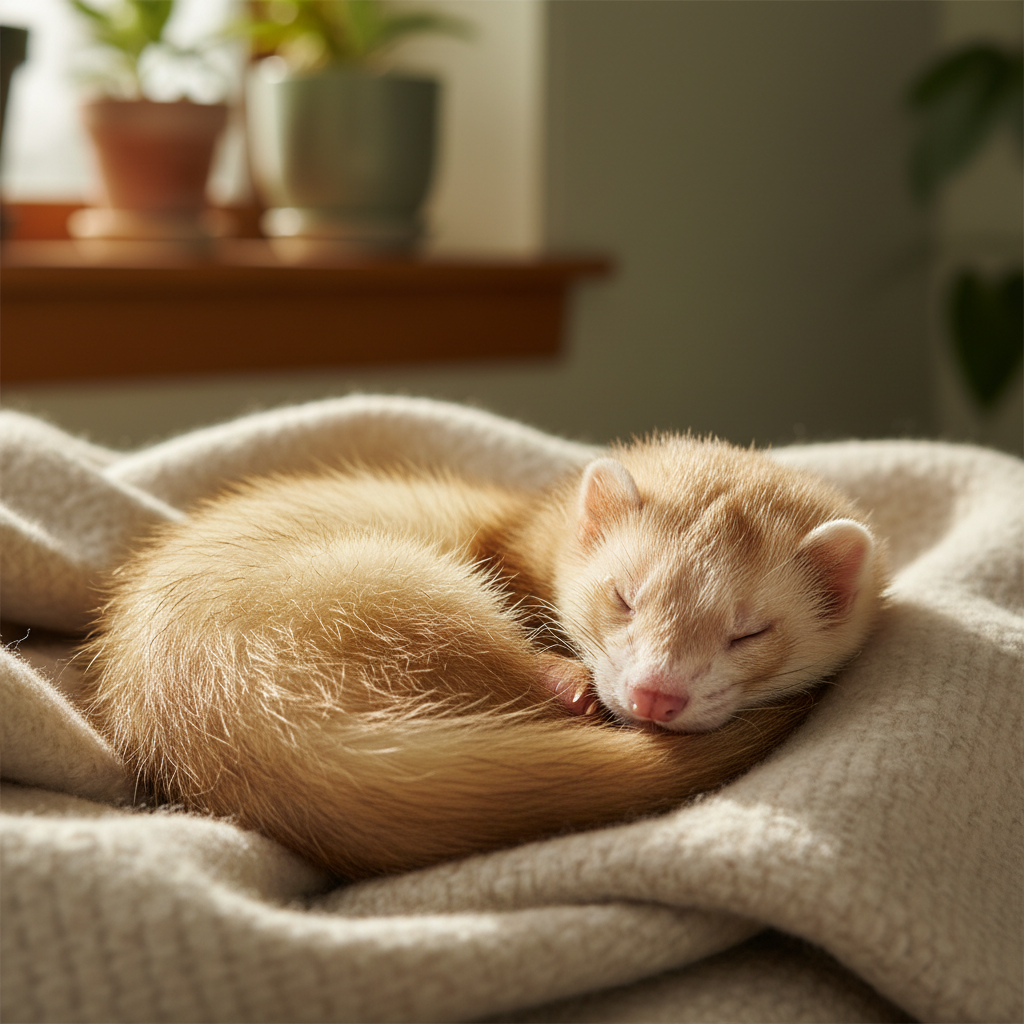 Memorial portrait of a champagne ferret, eyes closed in sleep, framed by soft natural light through a window