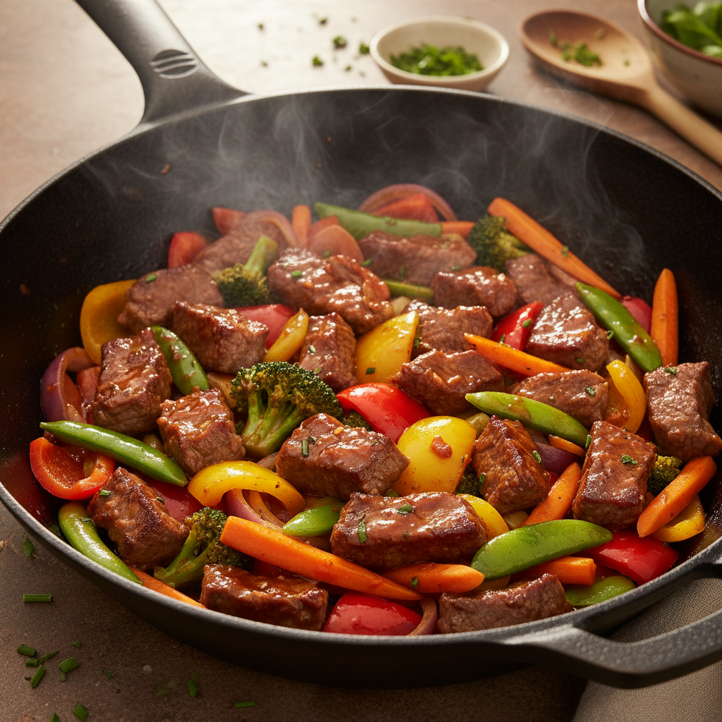 Steaming stir-fried noodles with colourful vegetables in dark wok, dramatic low-key restaurant lighting