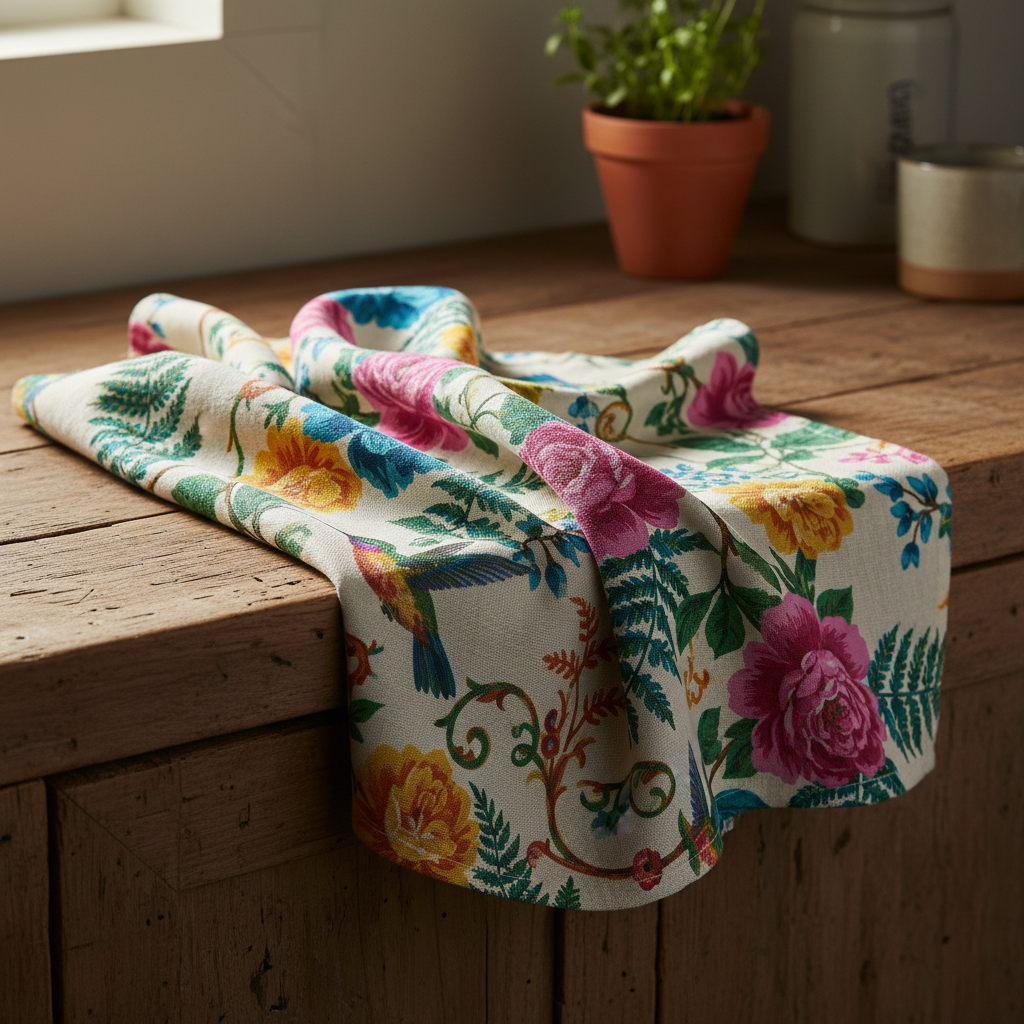 Finished tea towel with botanical print draped over a wooden kitchen counter in warm natural light