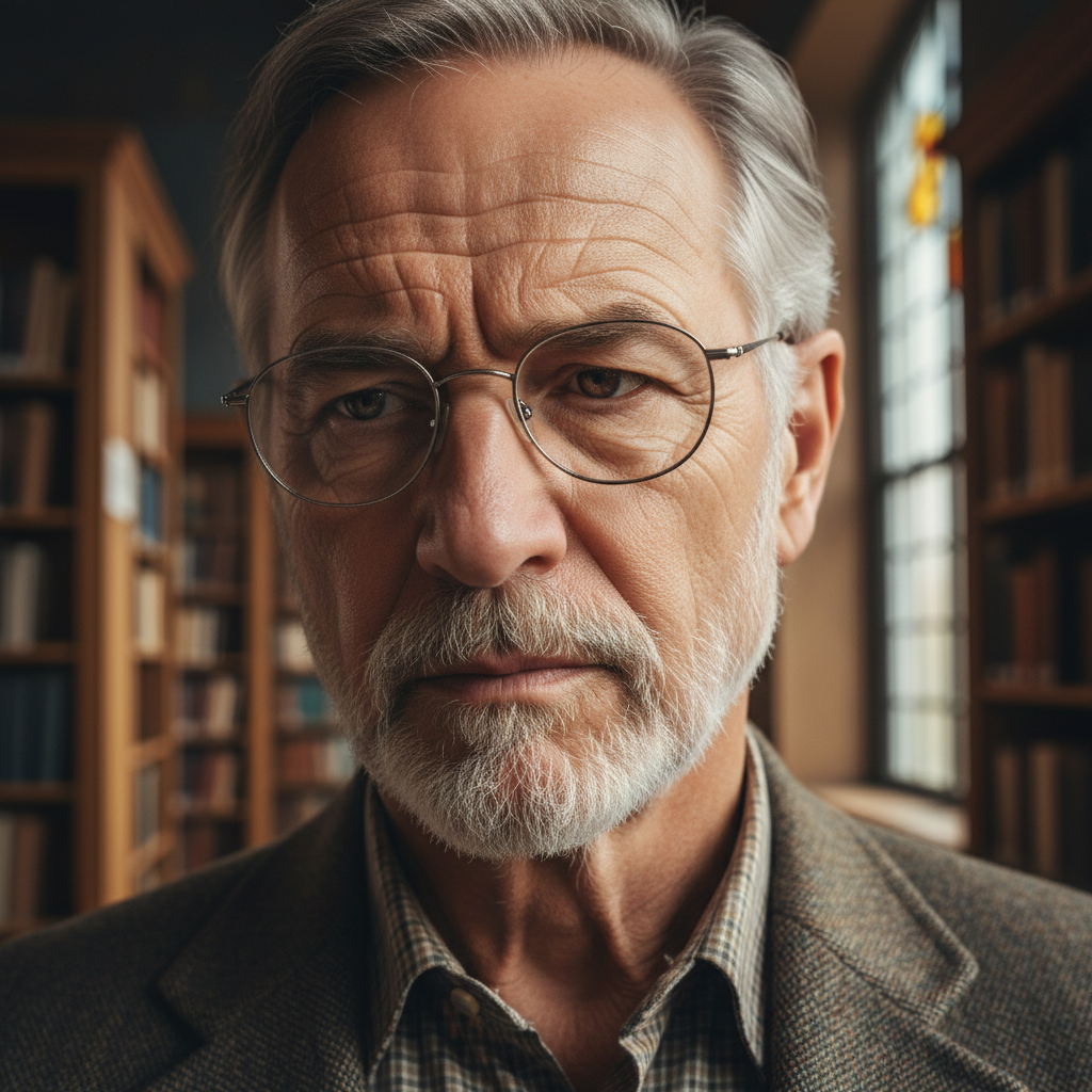 Dr. Elliot Raines, a serious man in his 60s with reading glasses in a library setting