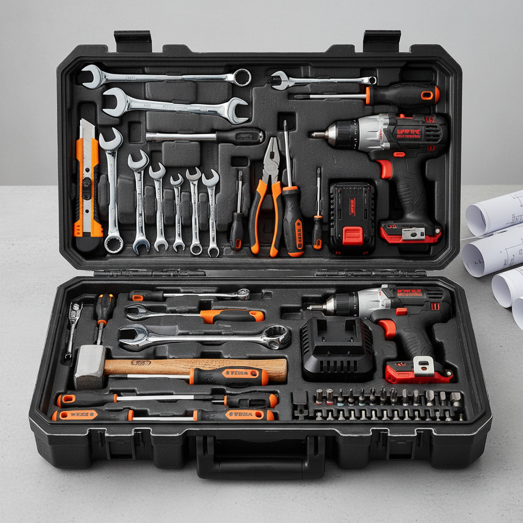 Handyman tools on dark workbench, warm amber lighting, professional tools neatly arranged