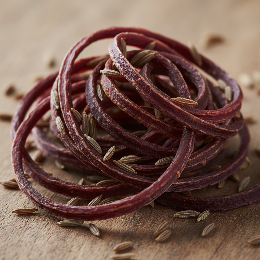 Thin purple carrot ribbons curled and dried, showing deep violet-burgundy color with cumin seeds