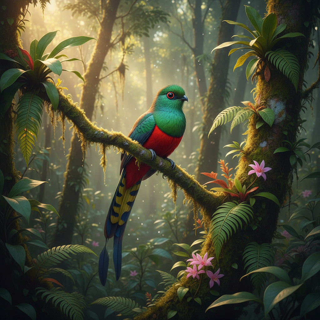 Colorful tropical bird perched on branch with exotic flowers in Caribbean rainforest