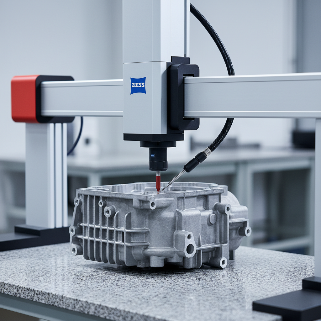Zeiss CMM coordinate measuring machine performing dimensional inspection on die cast aluminum part