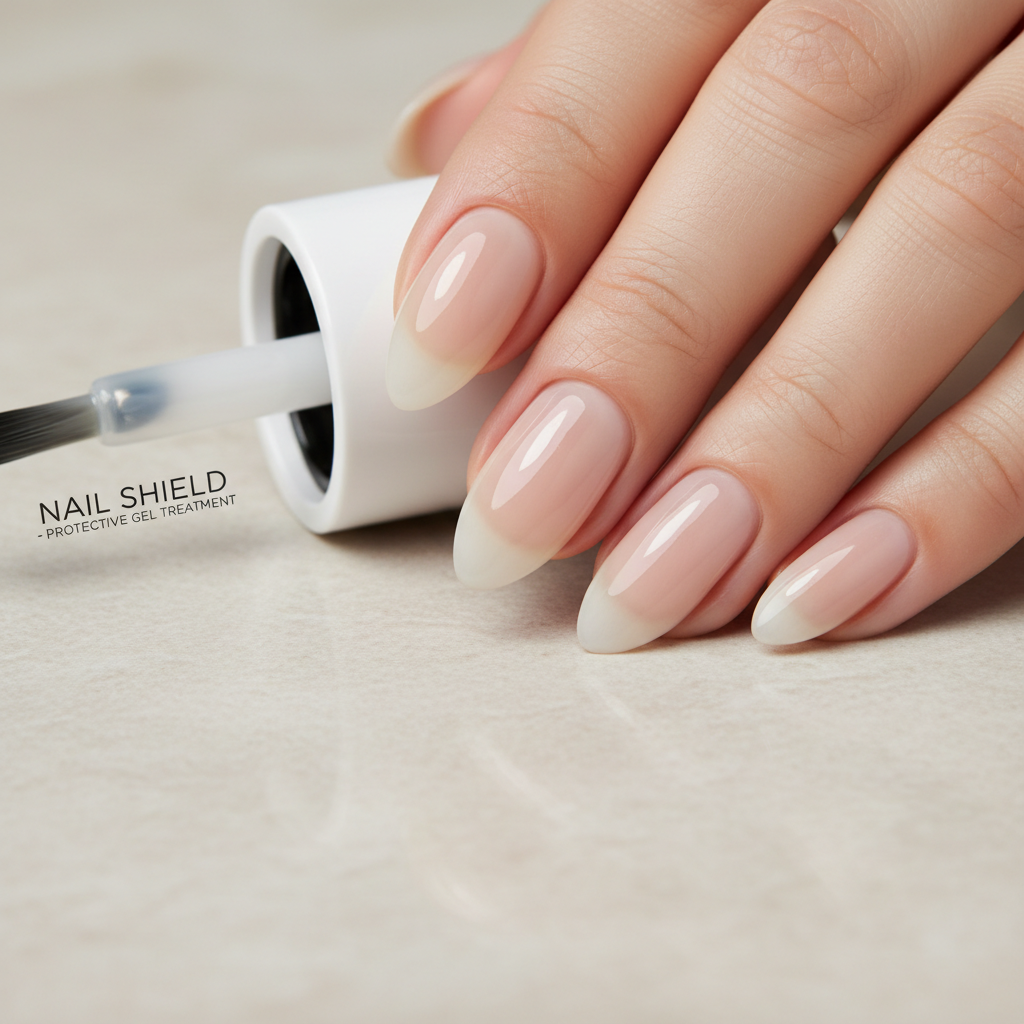 Nail repair and treatment session, nail technician applying strengthening treatment to natural nails
