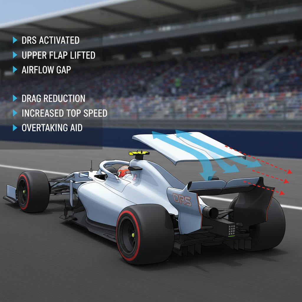 Formula 1 car rear wing detail — DRS drag reduction system open position on straight, overtaking aid explained 2011 to 2025