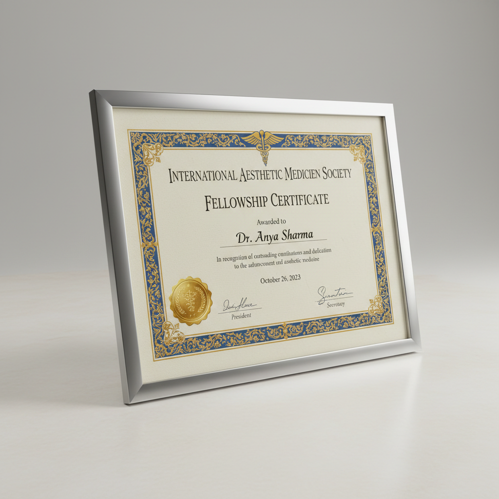 Framed fellowship certificate from international aesthetic medicine society